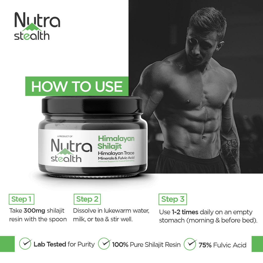Nutra Stealth Pure Himalayan Shilajit Resin usage instructions for fitness recovery and energy - Lab Tested 75% Fulvic Acid".