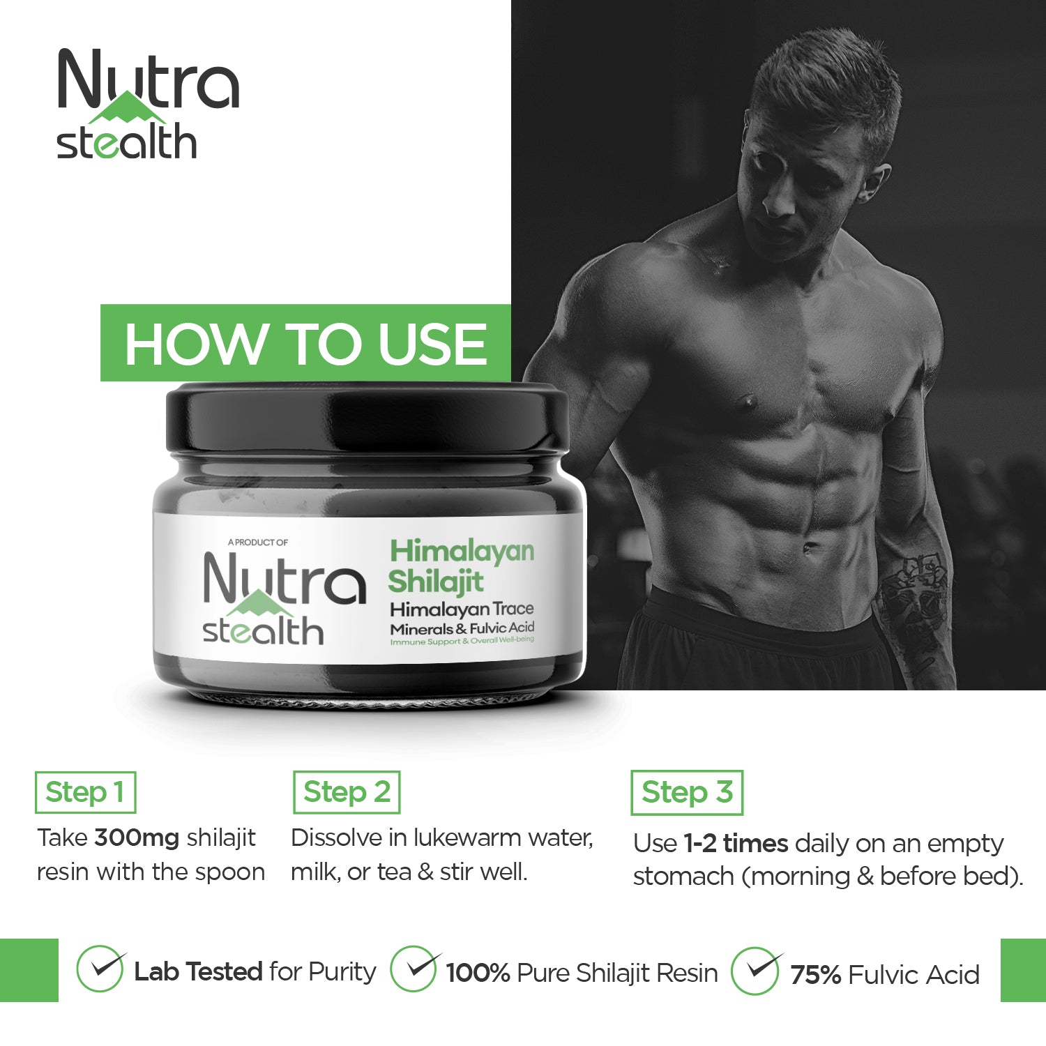 Nutra Stealth Pure Himalayan Shilajit Resin usage instructions for fitness recovery and energy - Lab Tested 75% Fulvic Acid".