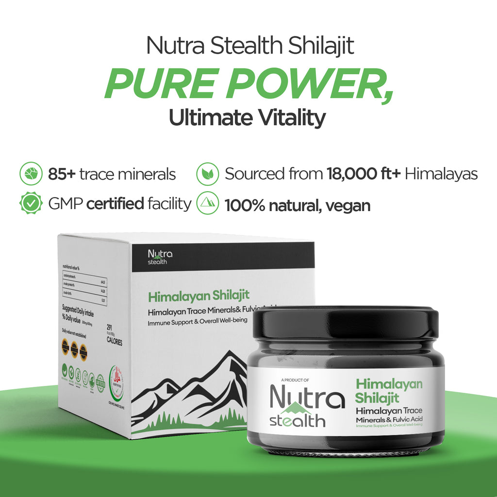 Nutra Stealth Pure Himalayan Shilajit Resin and Packaging Box. Sourced from 18,000ft+ Himalayas, 85+ Trace Minerals, GMP Certified, 100% Natural, and Vegan. Ultimate Vitality and Pure Power supplement for energy and focus.