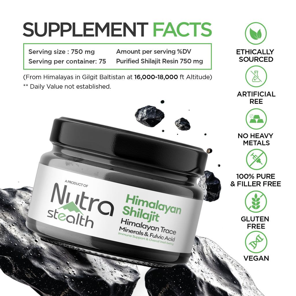 Nutra Stealth Shilajit Supplement Facts: 750mg Purified Resin from 16,000ft Altitude. Ethically Sourced, No Heavy Metals, 100% Pure, Gluten-Free, and Vegan Himalayan Shilajit.