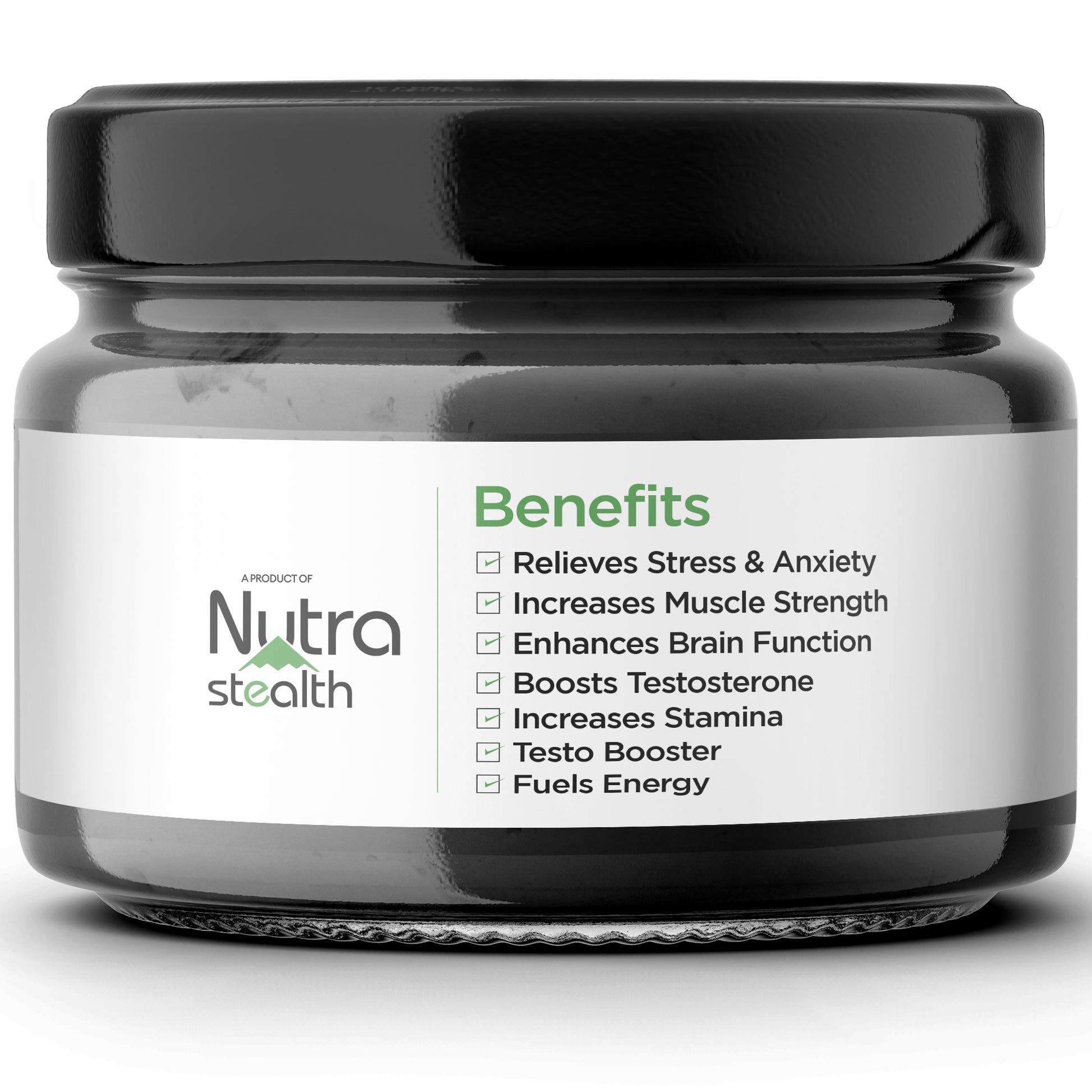 Nutra Stealth Shilajit Resin Label: Increases Muscle Strength, Boosts Testosterone, and Enhances Brain Function. Natural Testo Booster and Energy Fuel for Men and Women.